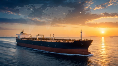 Tanker vessel representing global energy shipping routes