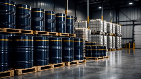Lubricants and grease drums stored in a logistics warehouse