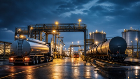 Rail and road fuel terminal with tanker trucks and rail cars