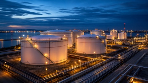 Oil storage tanks and pipeline infrastructure at night