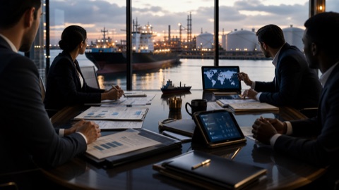 Energy trade partners reviewing shipping documents by a harbor