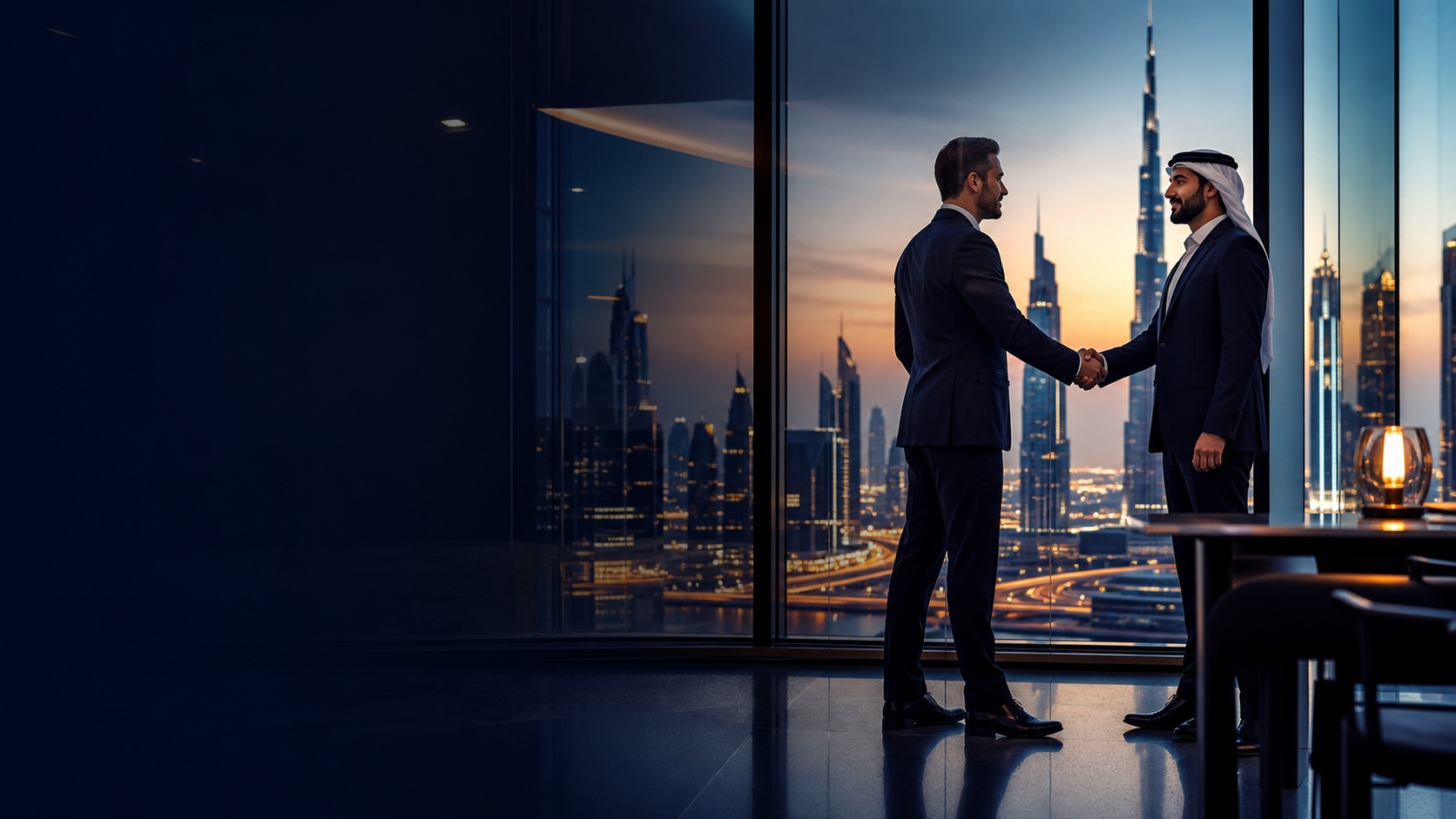 Business professionals shaking hands overlooking Dubai skyline