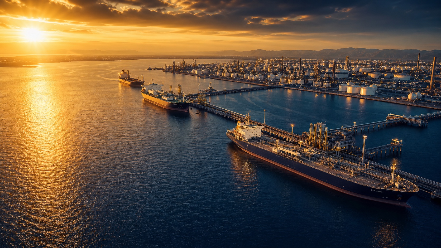 International seaport with cargo tankers at golden hour
