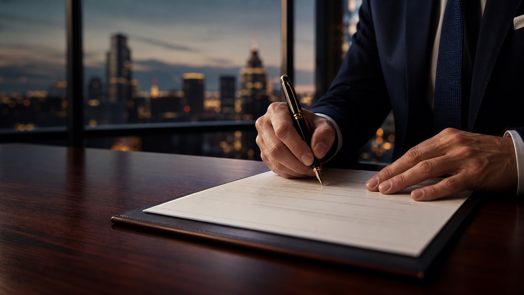 Professional signing a formal trade document on a dark desk